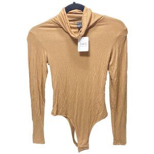 Womens Nude Bodysuit Longsleeve Turtleneck One Piece Slimming Bodysuit New Small